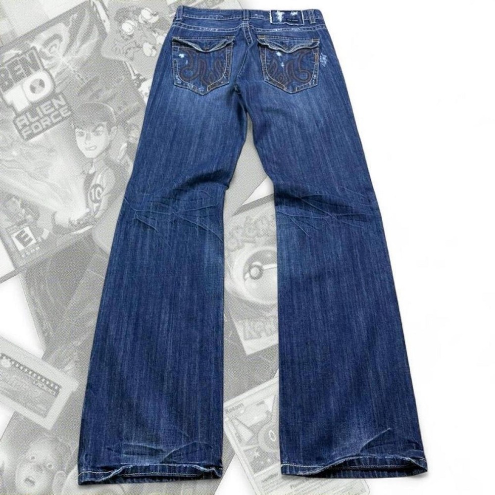 Vintage Y2K Dark Blue Wash Distressed Mek Denim Western Low Rise Bootcut Jeans